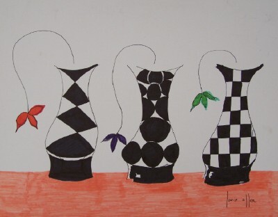 Three black and white patterned vases